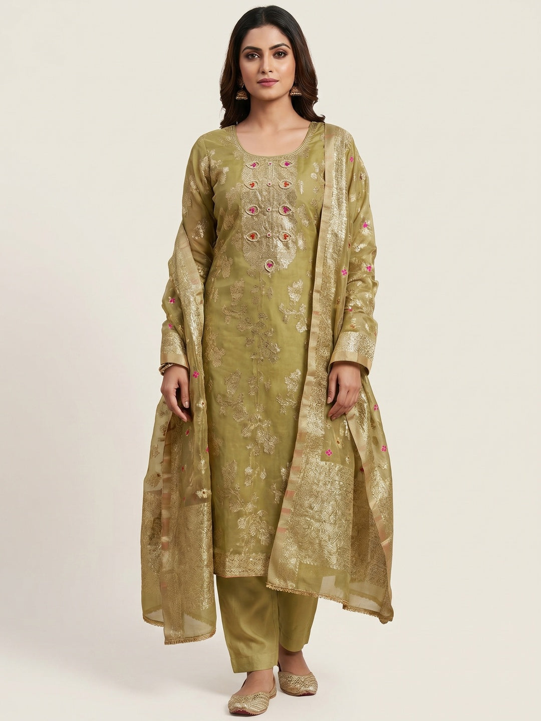 Olive Green Woven Organza Dress Material - Image 3