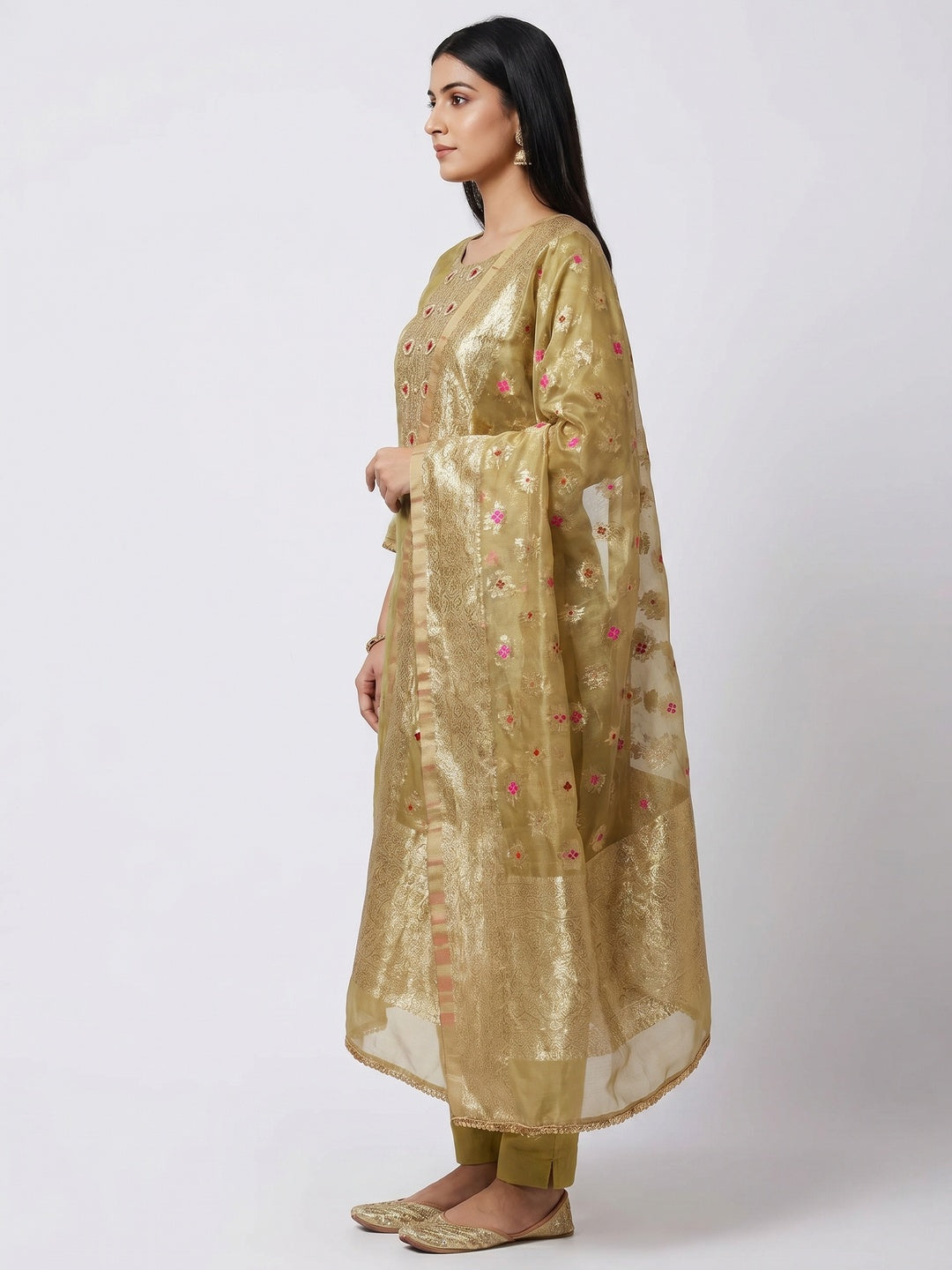 Olive Green Woven Organza Dress Material - Image 2