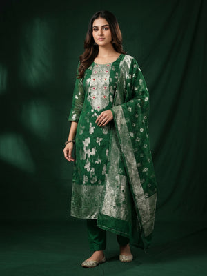 Green Woven Organza Dress Material - Image 1
