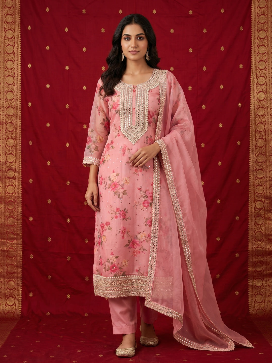 Pink Floral Printed With Embroidered Organza Dress Material - Image 1
