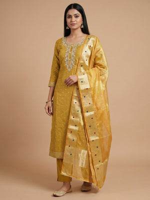 Yellow Woven Chanderi Silk Dress Material - Image 1
