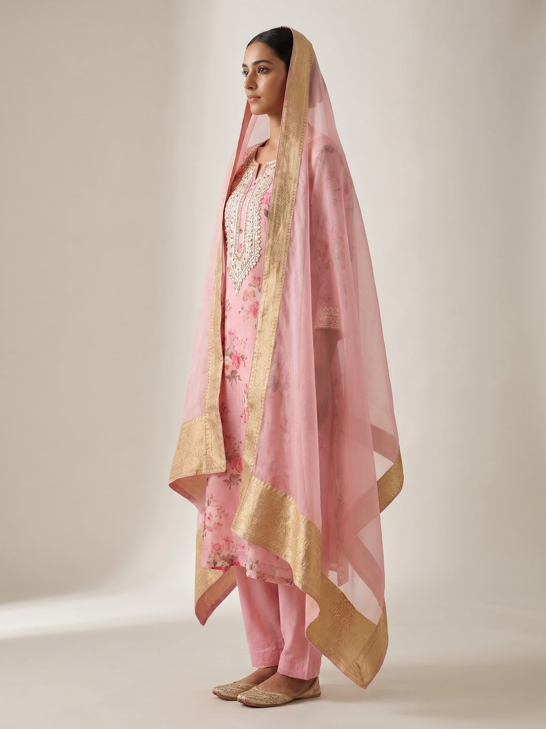 Pink Floral Printed With Embroidered Organza Dress Material - Image 2