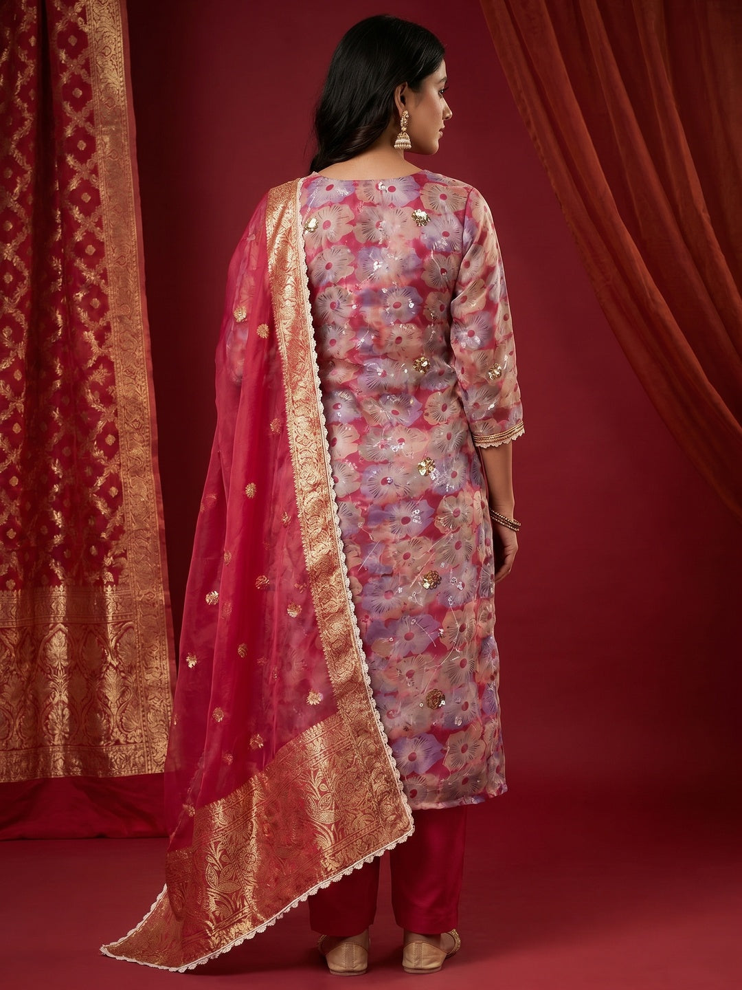Pink Floral Printed With Embroidered Organza Dress Material - Image 3