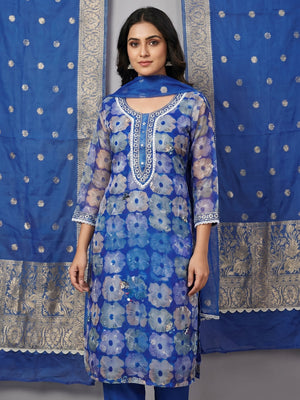 Blue Floral Printed With Embroidered Organza Dress Material - Image 1