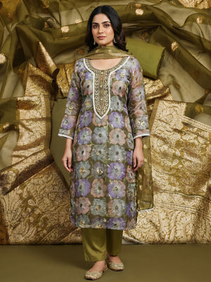Olive Green Floral Printed With Embroidered Organza Dress Material - Image 1