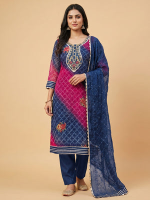 Blue & Pink Sequins Embroidered Organza Dress Material - Image 1