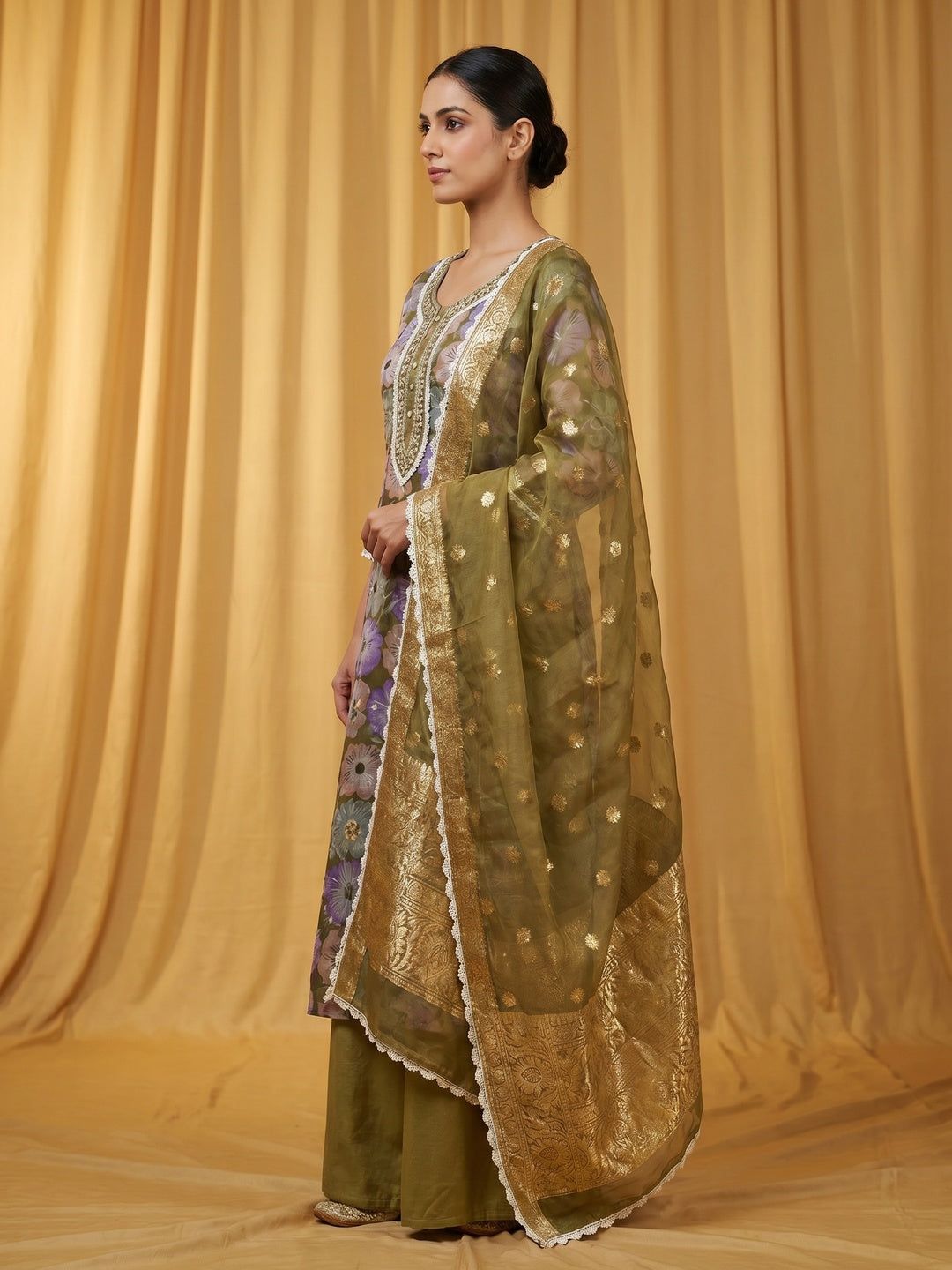 Olive Green Floral Printed With Embroidered Organza Dress Material - Image 2