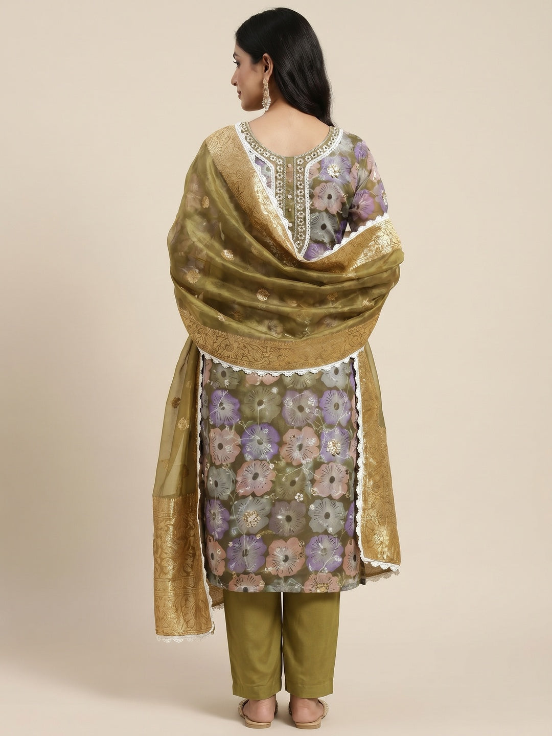 Olive Green Floral Printed With Embroidered Organza Dress Material - Image 3