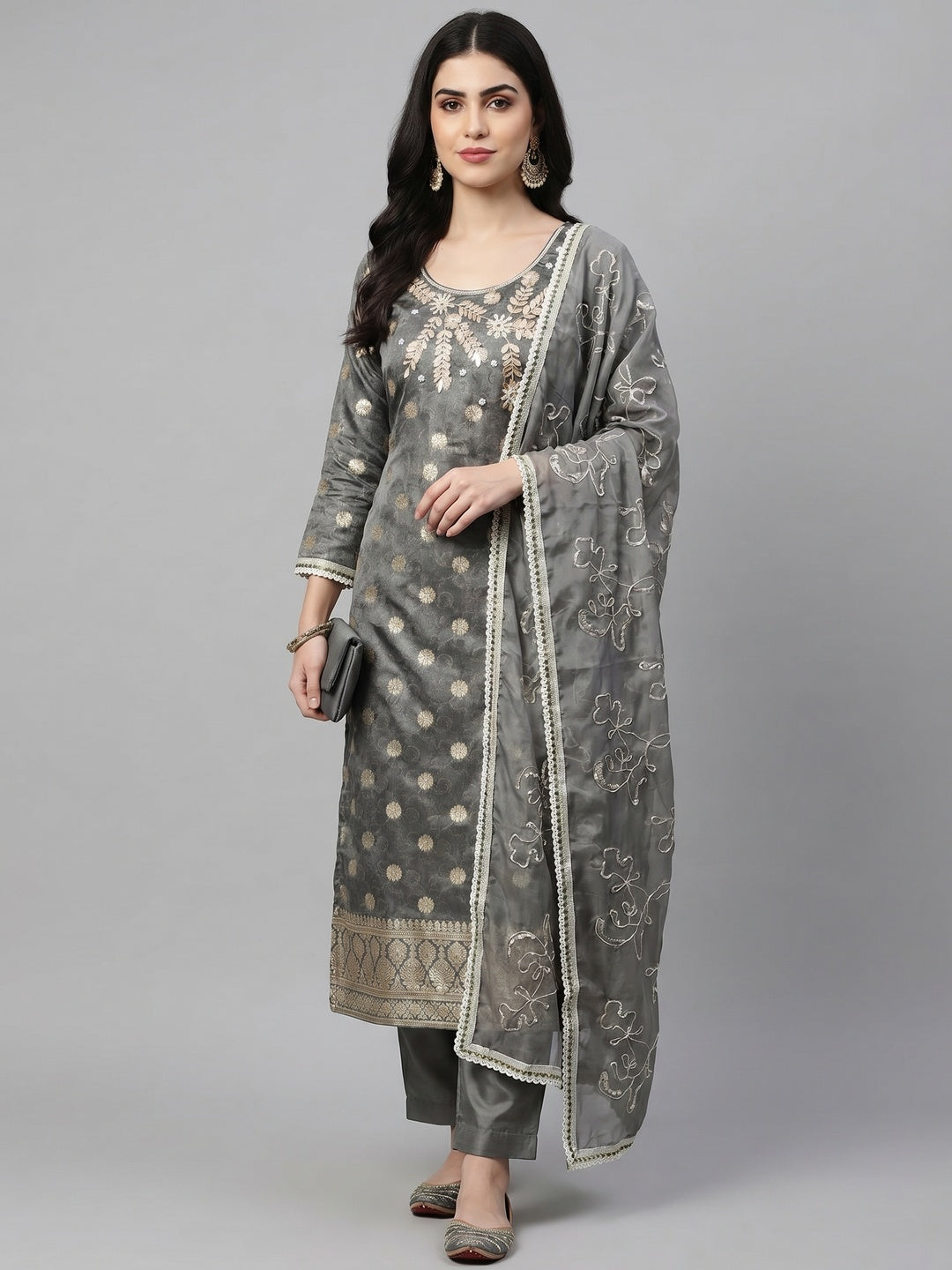 Grey Woven Banarasi Silk Dress Material - Image 1