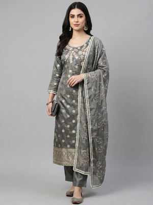 Grey Woven Banarasi Silk Dress Material - Image 1