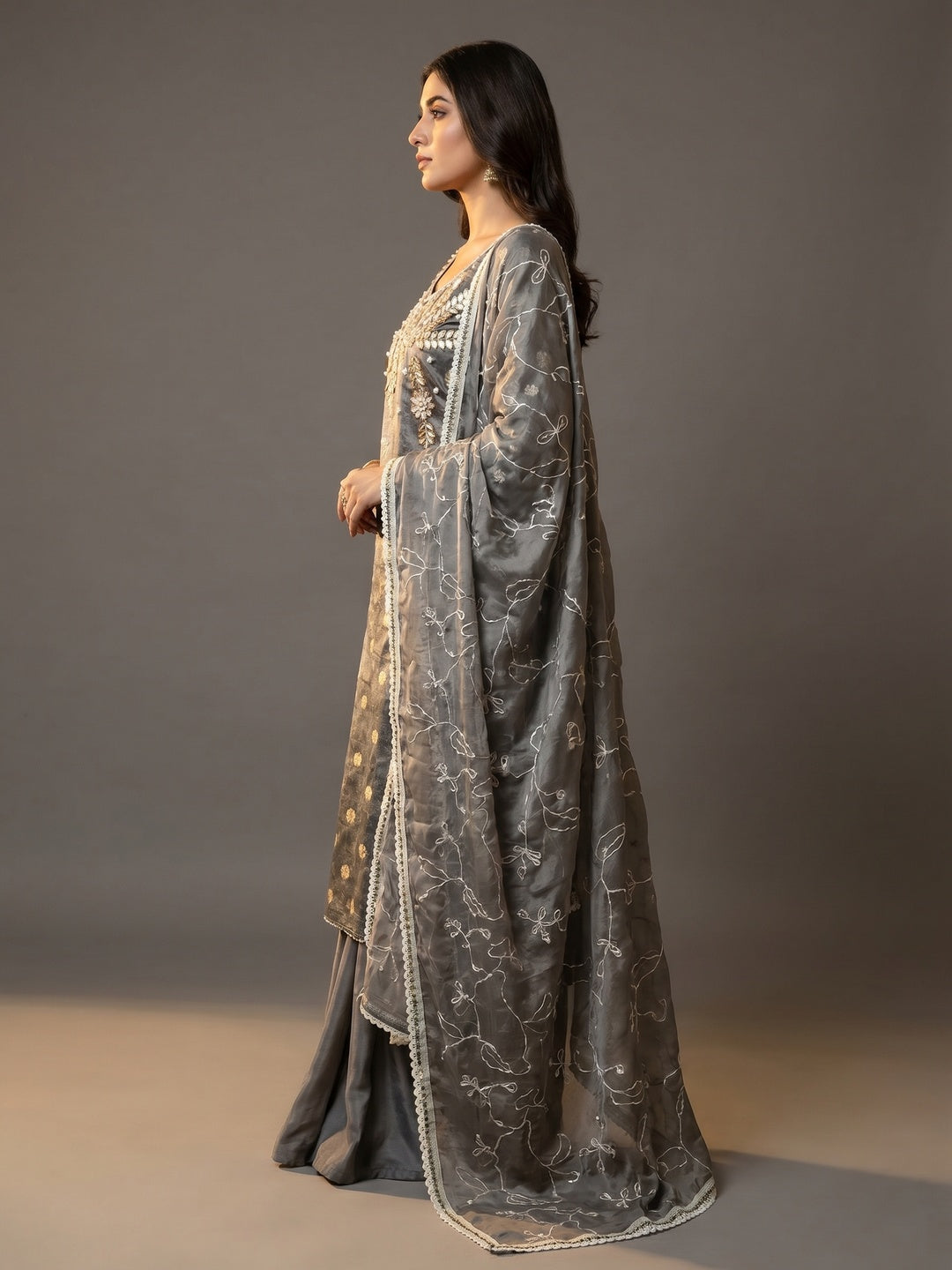 Grey Woven Banarasi Silk Dress Material - Image 3