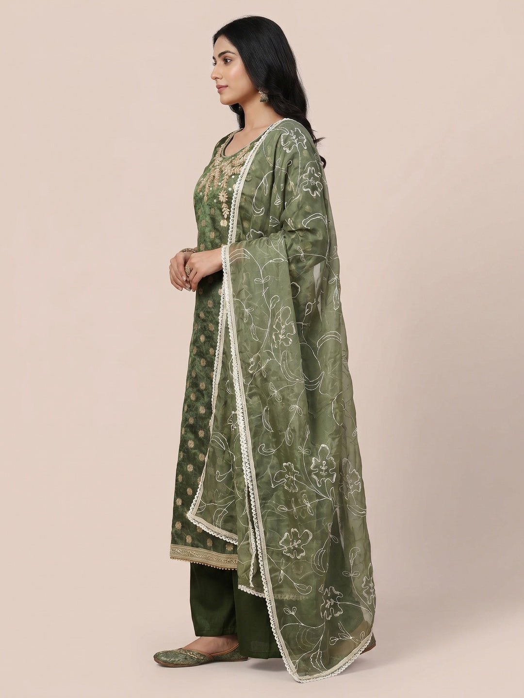 Mehandi Green Woven Banarasi Silk Dress Material - Image 2