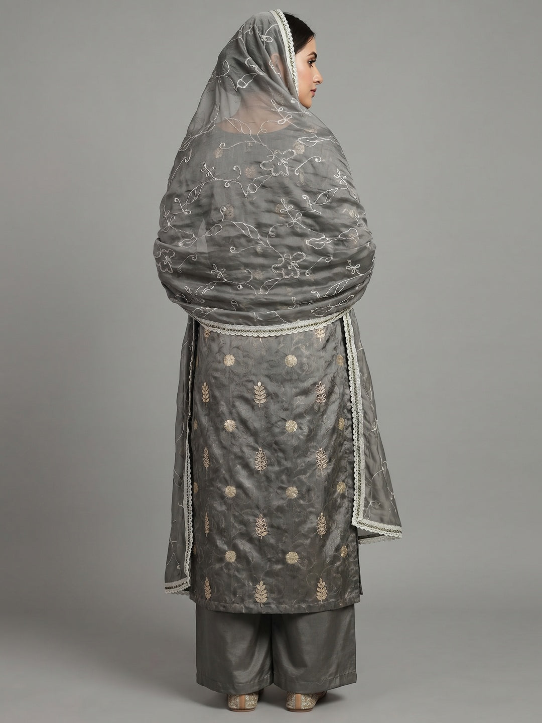 Grey Woven Banarasi Silk Dress Material - Image 2