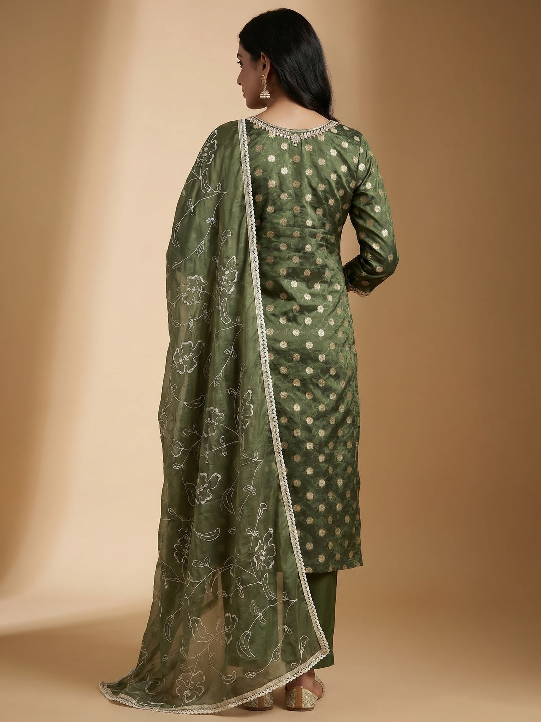 Mehandi Green Woven Banarasi Silk Dress Material - Image 3