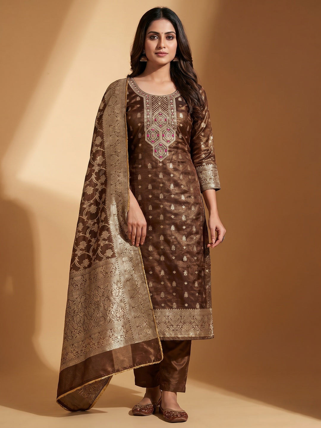Brown Woven Banarasi Silk Dress Material - Image 1