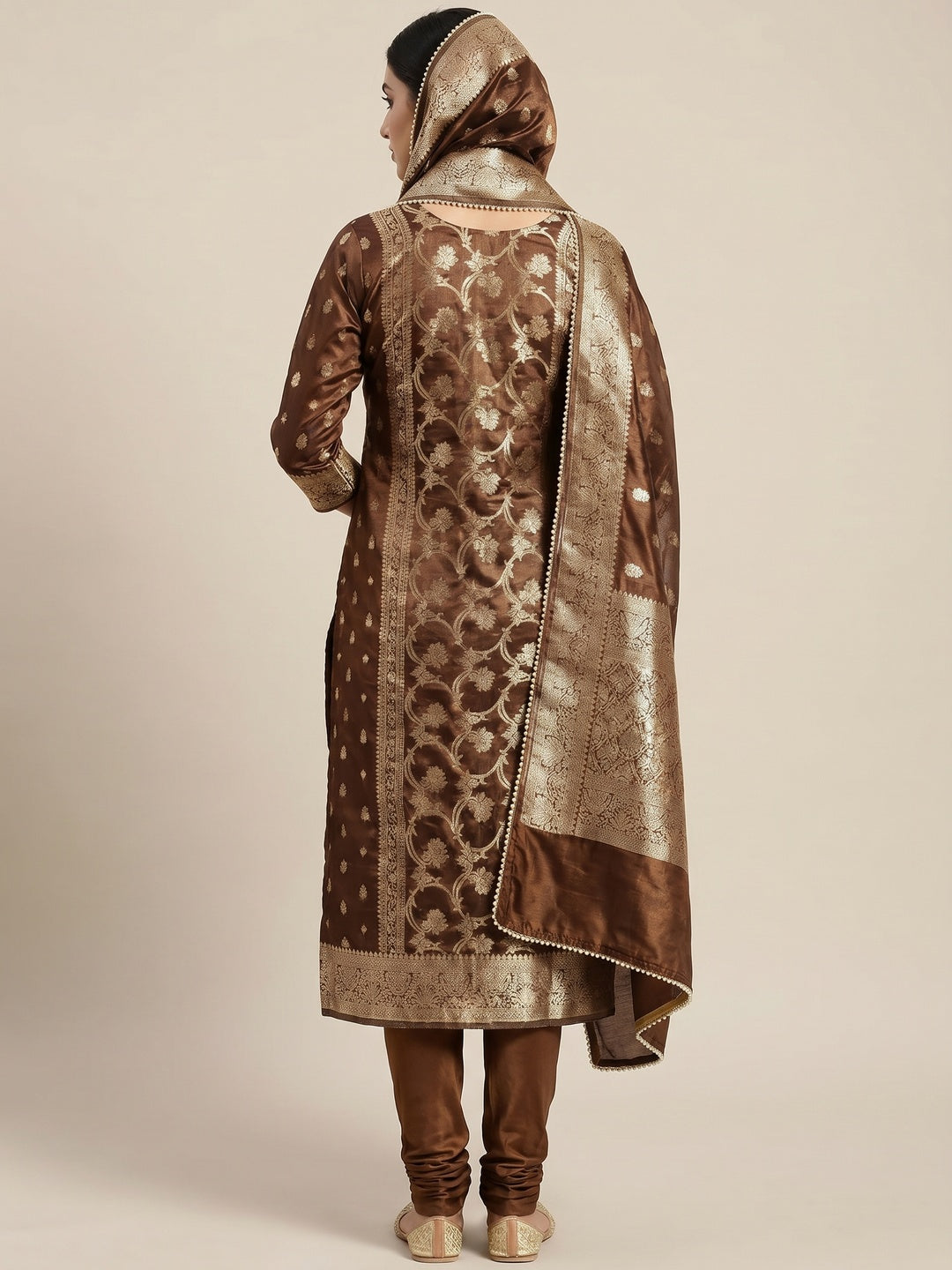Brown Woven Banarasi Silk Dress Material - Image 2