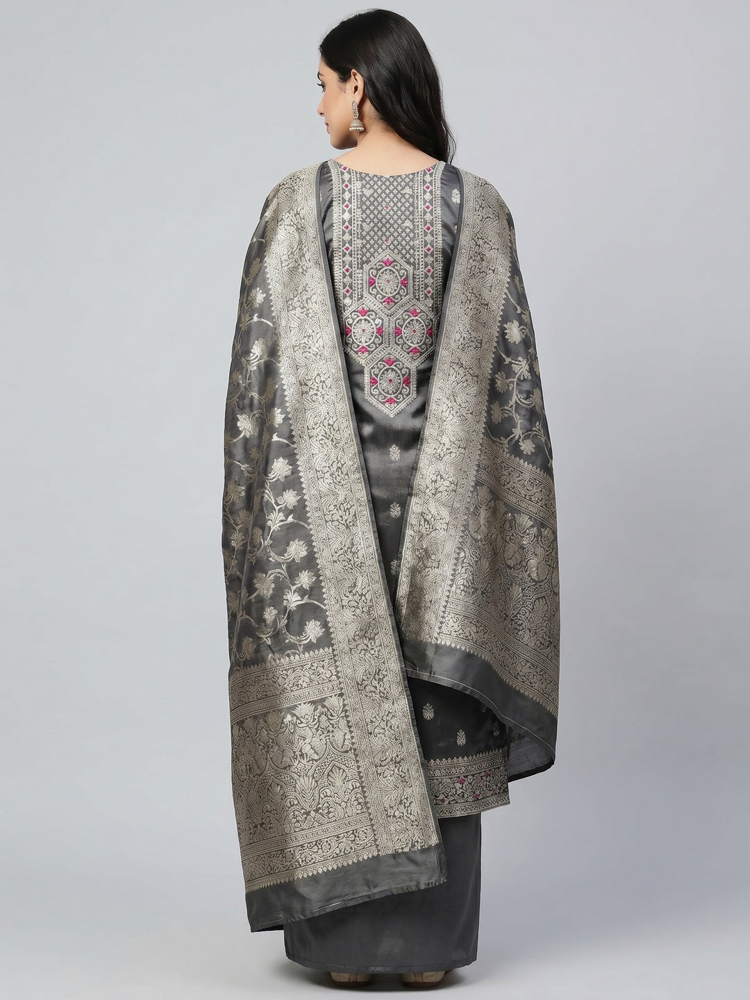 Grey Woven Banarasi Silk Dress Material - Image 2