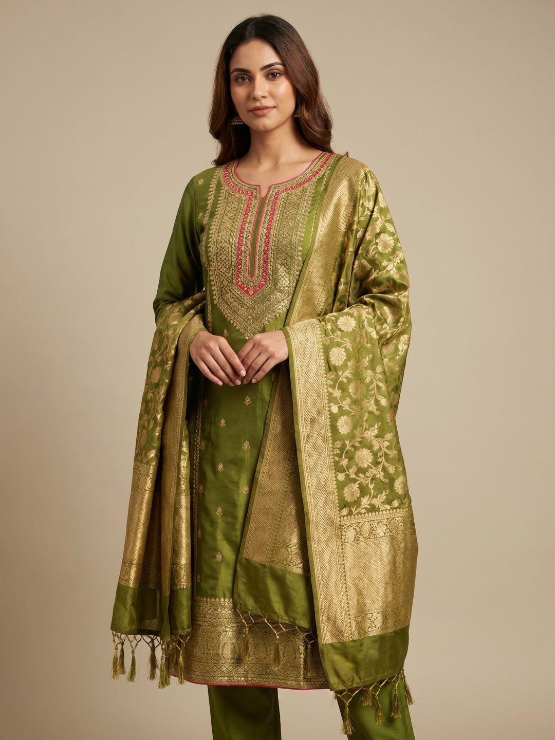 Mehandi Green Woven Banarasi Silk Dress Material - Image 1
