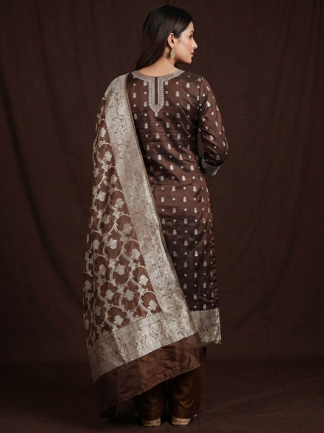 Dark Brown Woven Banarasi Silk Dress Material - Image 3