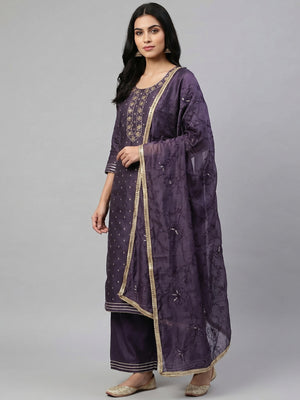Purple Woven Chanderi Silk Dress Material - Image 1