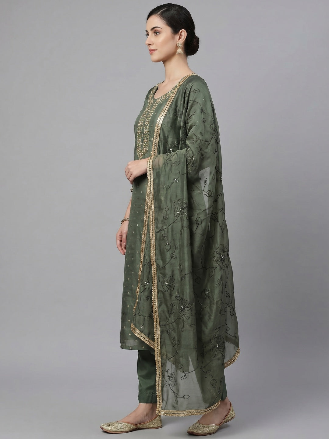Green Woven Chanderi Silk Dress Material - Image 2
