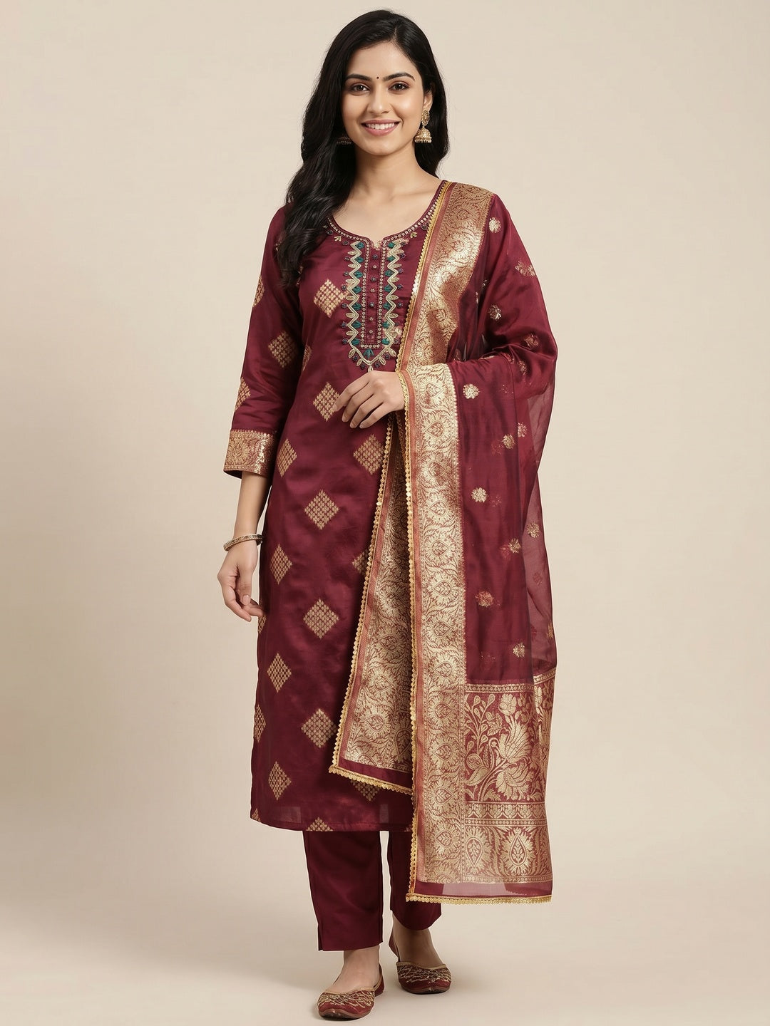 Maroon Woven Banarasi Silk Dress Material - Image 1