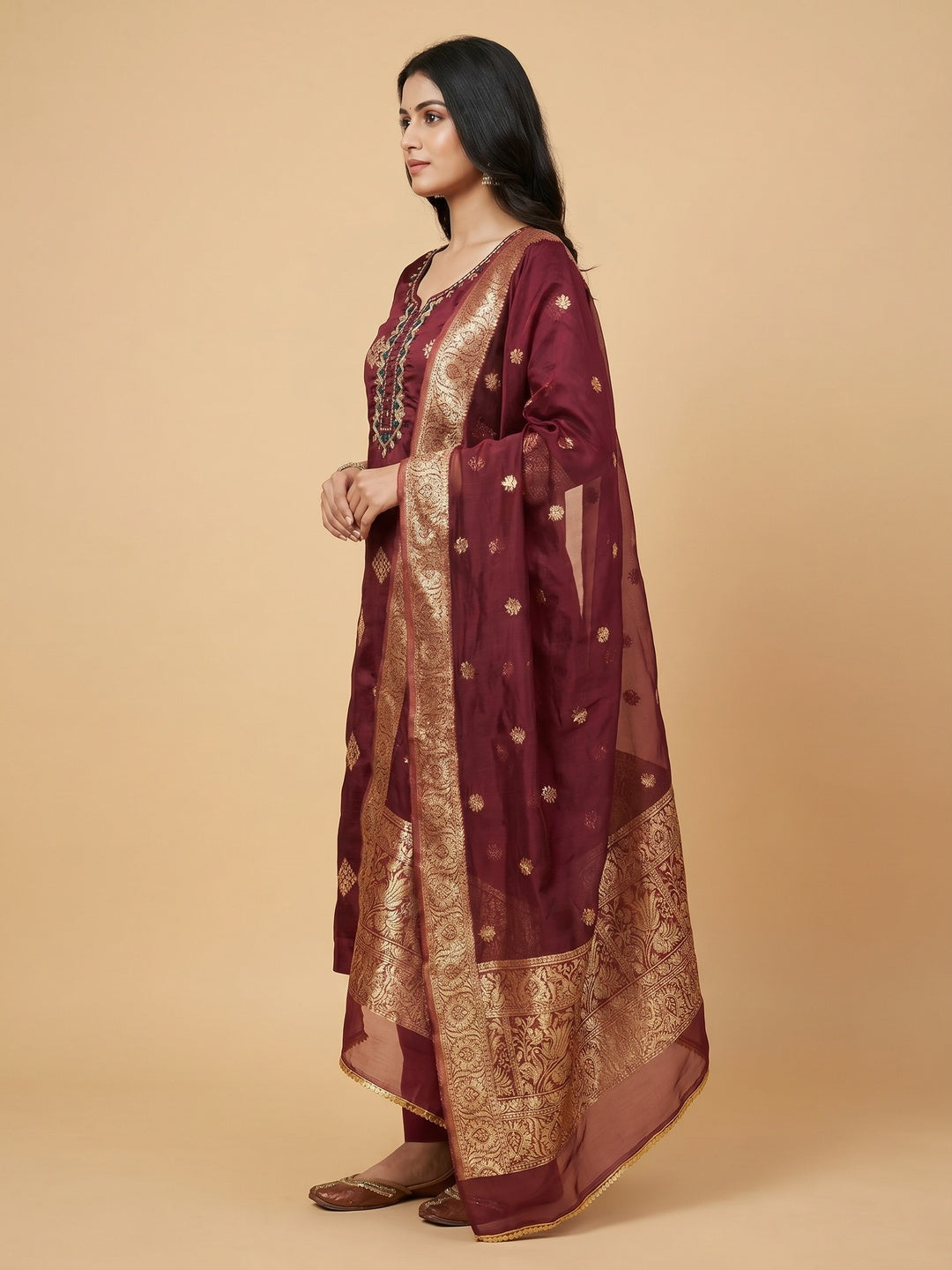 Maroon Woven Banarasi Silk Dress Material - Image 3