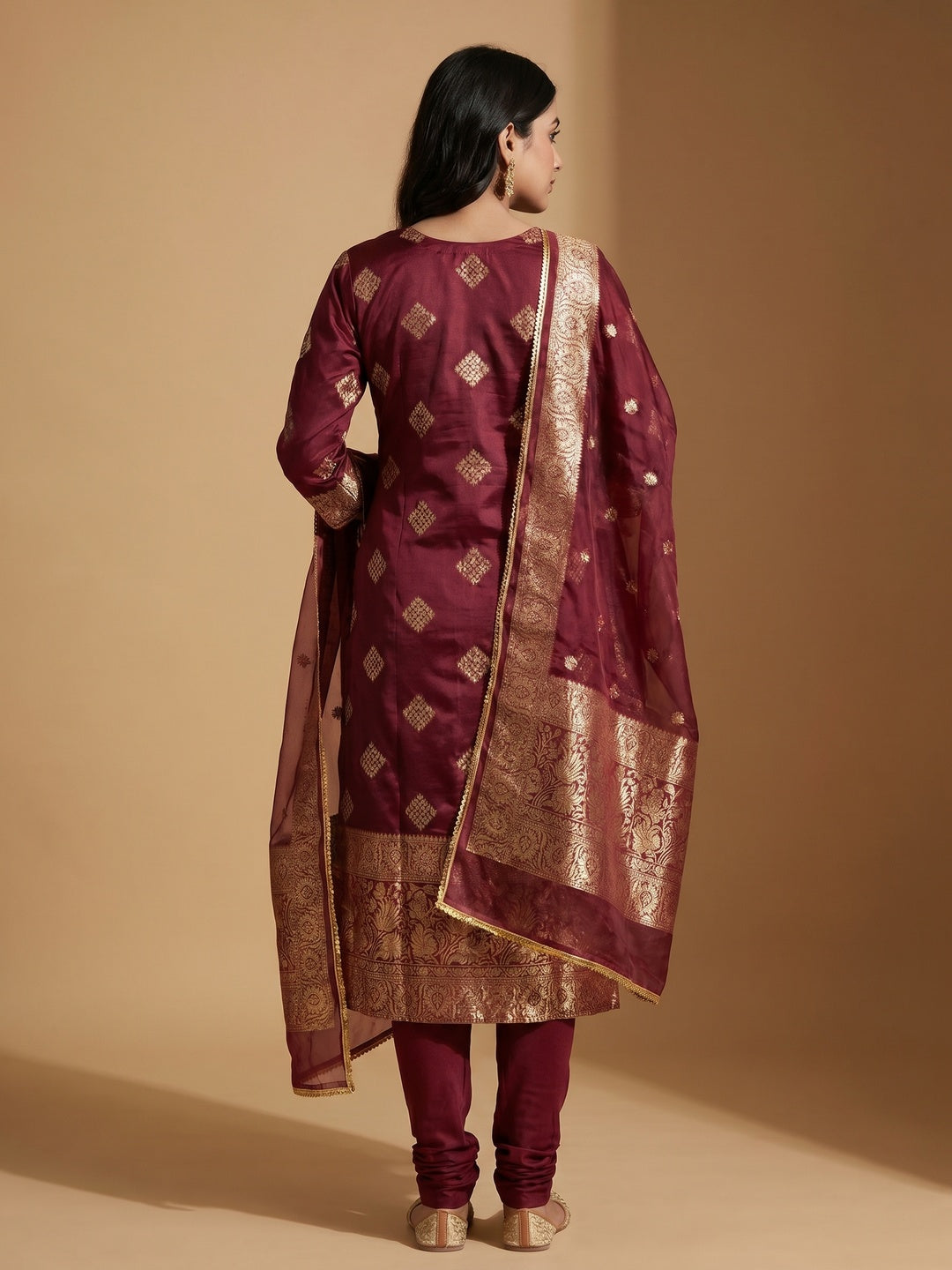 Maroon Woven Banarasi Silk Dress Material - Image 2