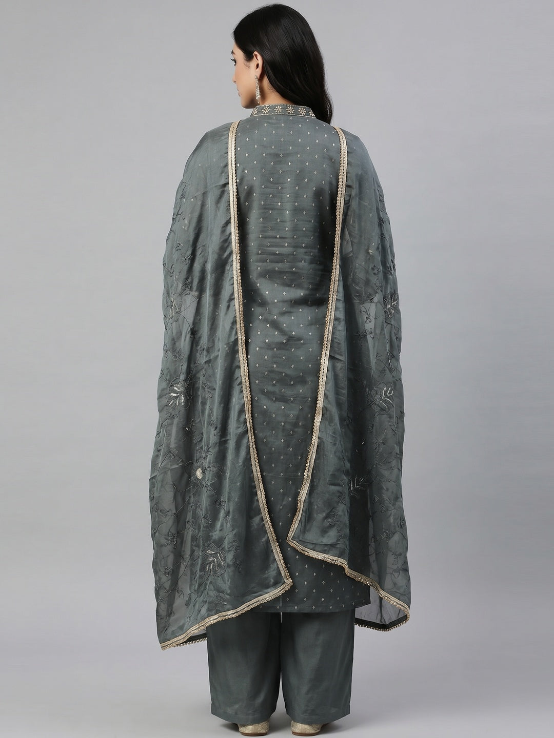 Grey Woven Chanderi Silk Dress Material - Image 2