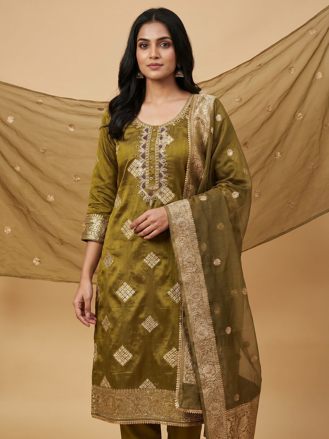 Olive Green Woven Banarasi Silk Dress Material - Image 1