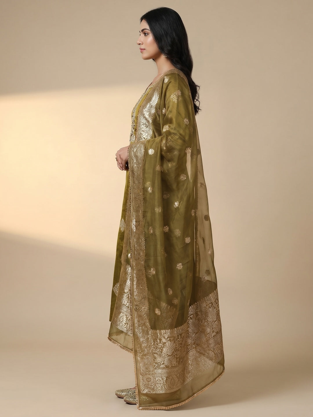 Olive Green Woven Banarasi Silk Dress Material - Image 3