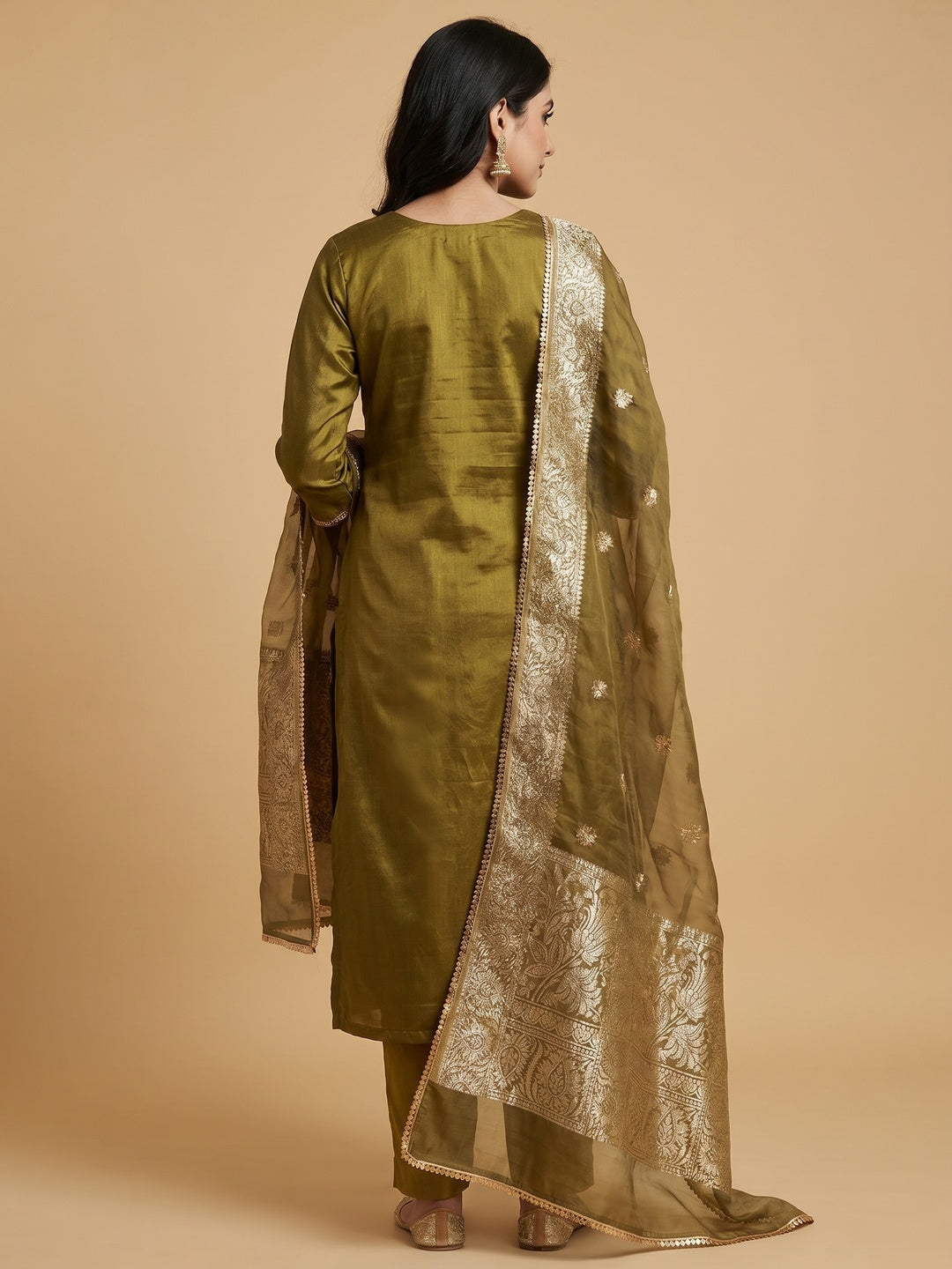 Olive Green Woven Banarasi Silk Dress Material - Image 2