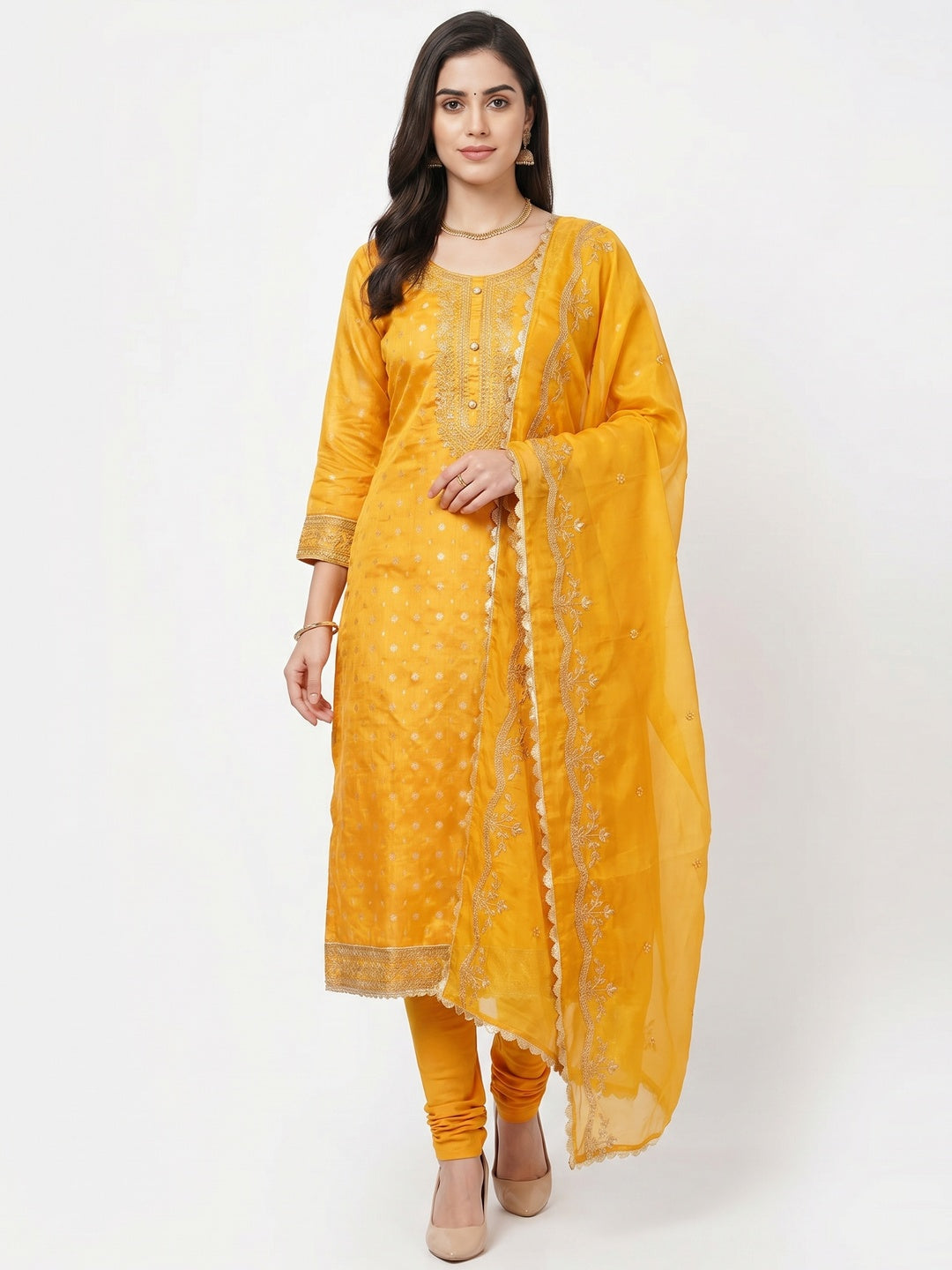 Yellow Woven Chanderi Silk Dress Material - Image 1