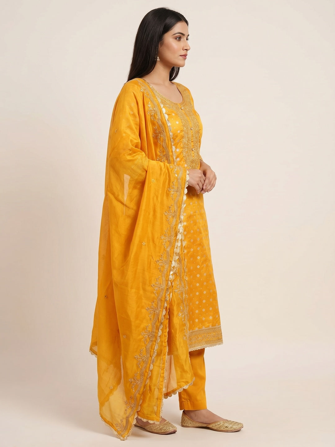 Yellow Woven Chanderi Silk Dress Material - Image 3