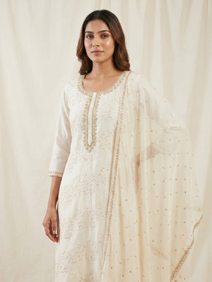 Off White Embroidered Cotton Blend Dress Material - Image 1