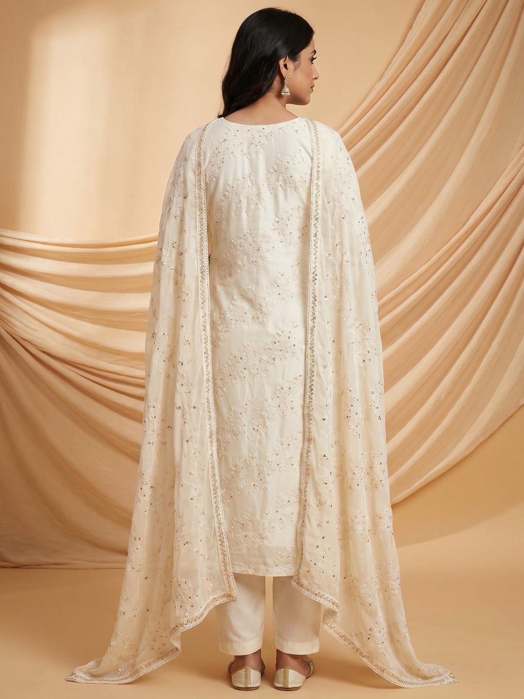 Off White Embroidered Cotton Blend Dress Material - Image 2