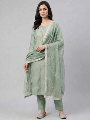 Dusty Green Embroidered Cotton Blend Dress Material - Image 1