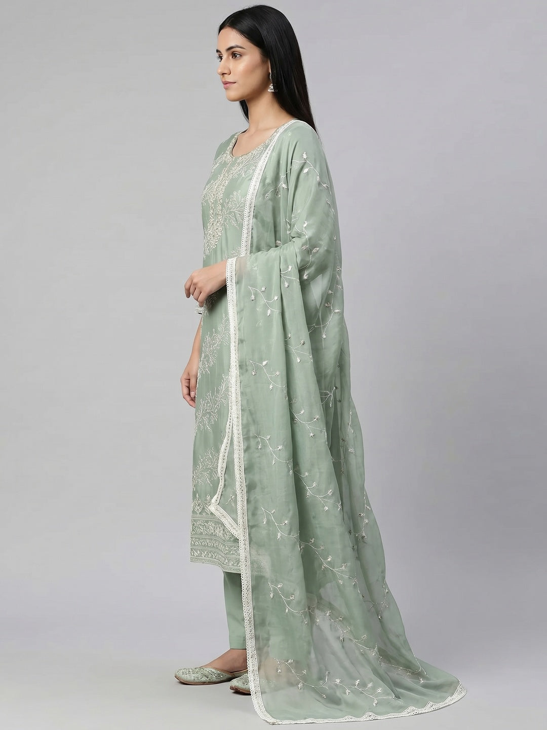 Dusty Green Embroidered Cotton Blend Dress Material - Image 2