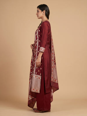 Maroon Floral Woven Banarasi Silk Dress Material - Image 1