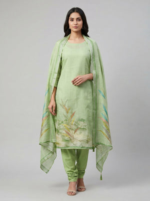 Peachmode Green Linen Dress Material with Floral Print - Image 1