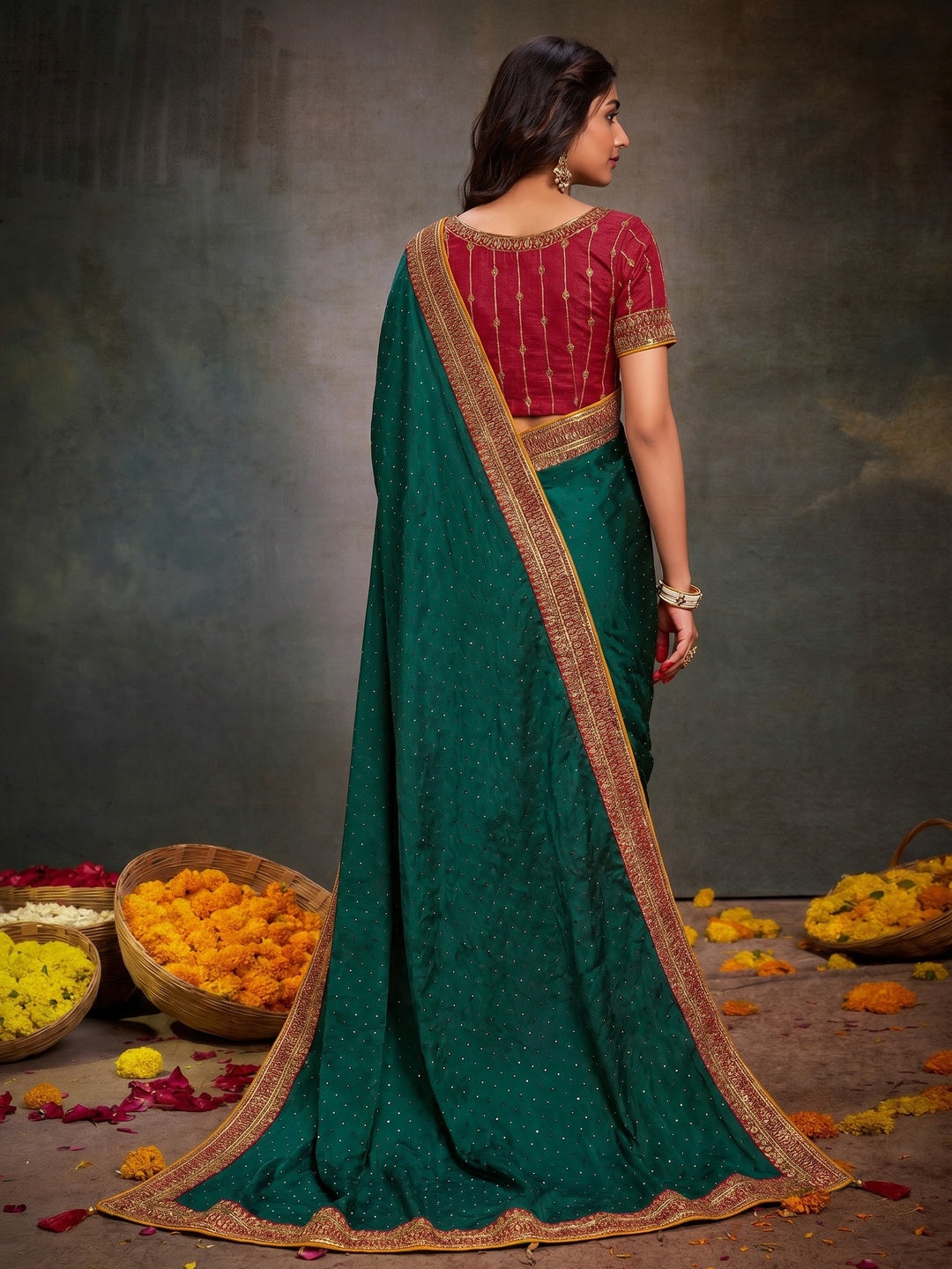 Dark Rama Green Swarovski Work Satin Saree With Tassels - Image 1
