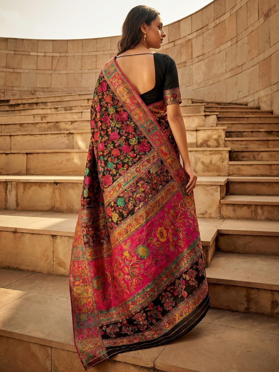 Black Floral Woven Pure Cotton Saree - Image 1