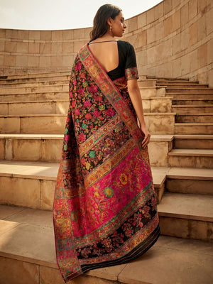 Black Floral Woven Pure Cotton Saree - Image 1