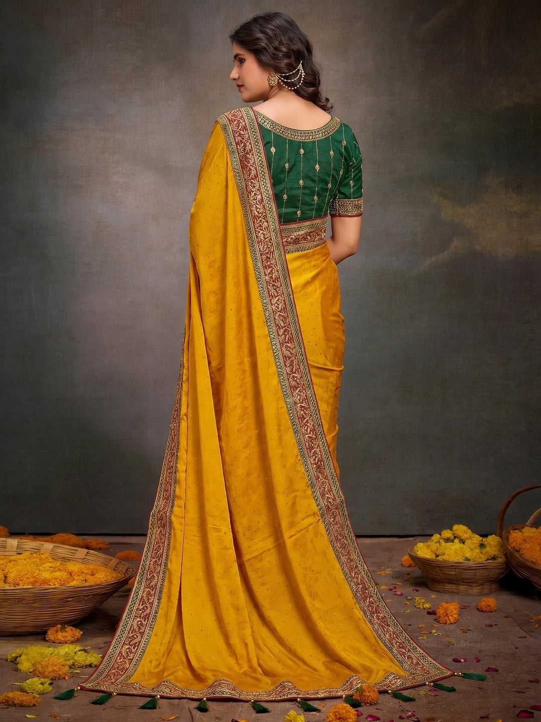 Mustard Swarovski Work Satin Saree With Tassels - Image 1