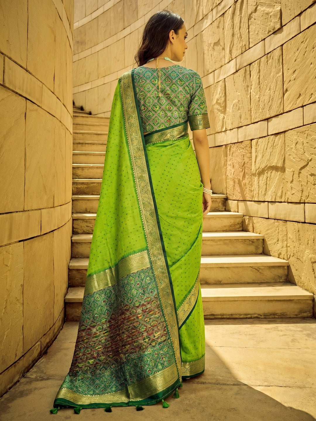 Green Weaved Patola Tussar Silk Saree With Tassels - Image 1