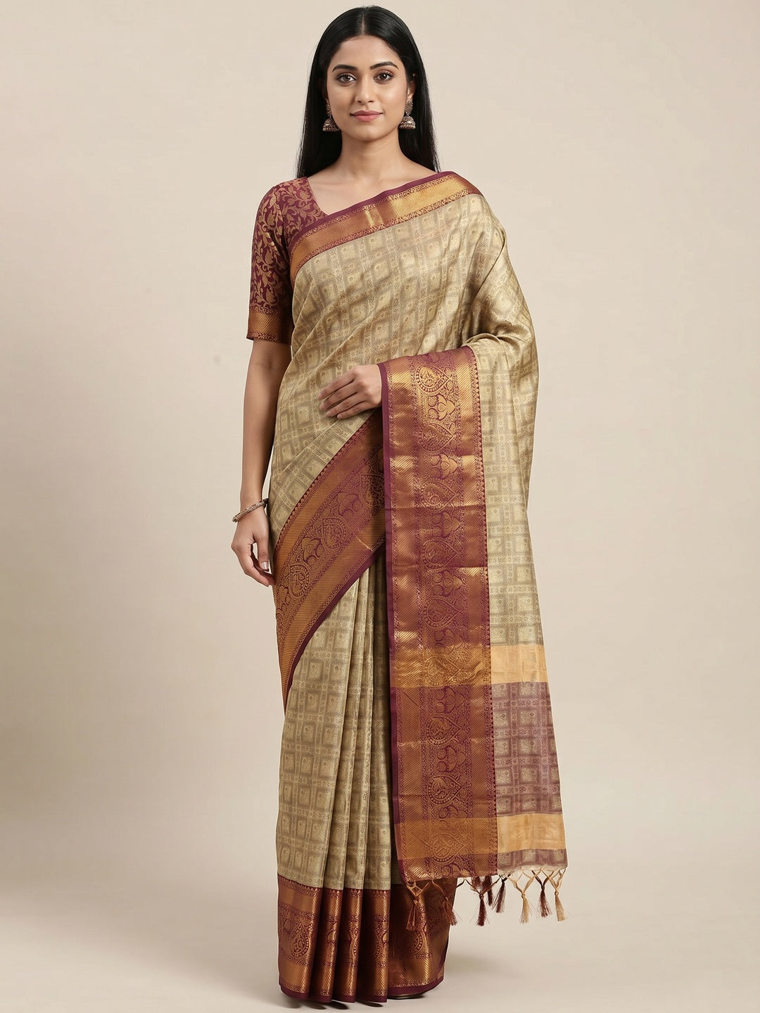 Chikoo Woven Cotton Silk Saree With Tassels - Image 1