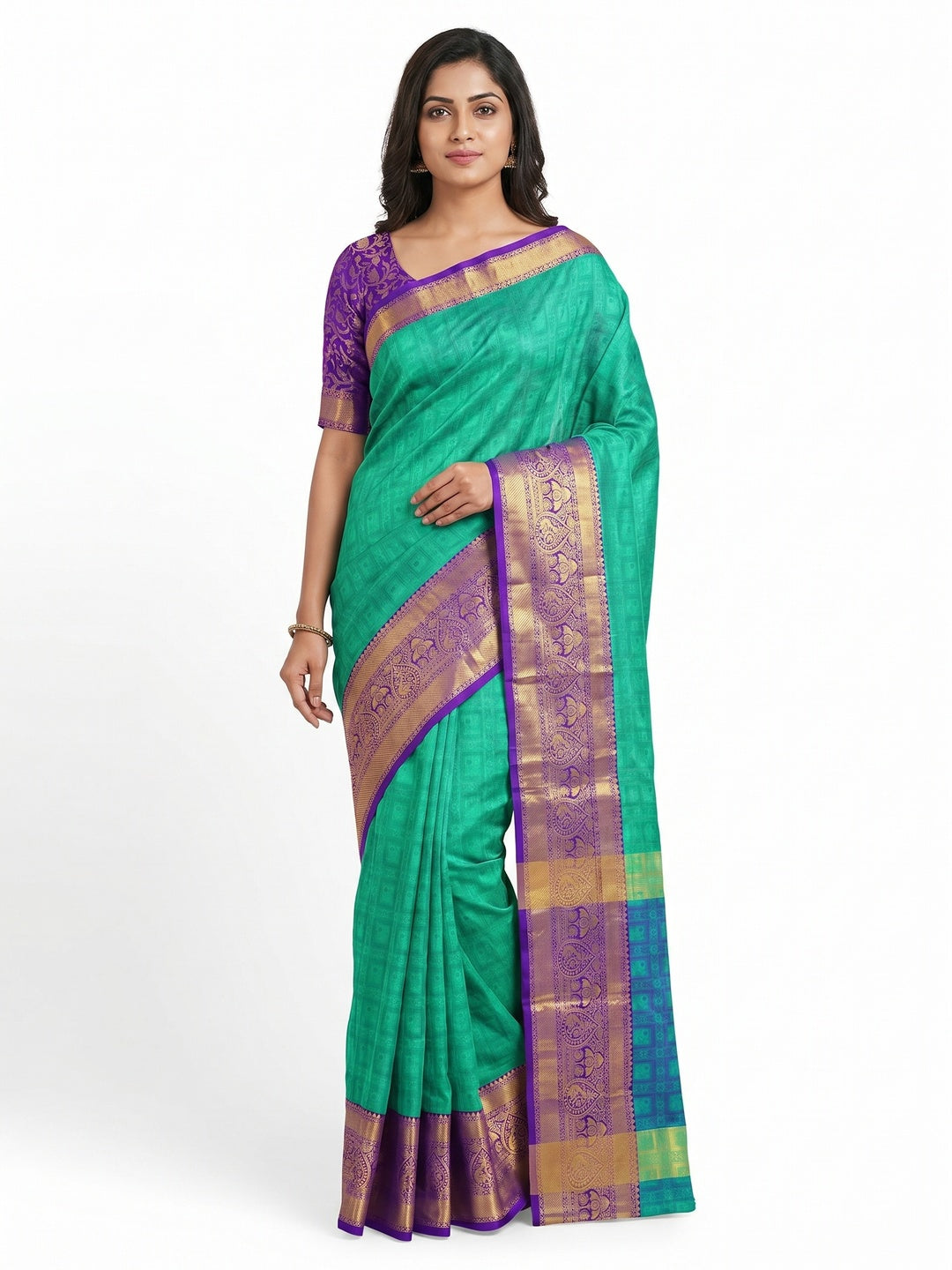 Sea Green Woven Cotton Silk Saree With Tassels - Image 3