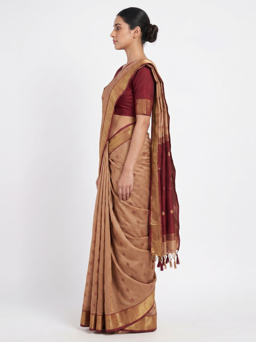 Chikoo Woven Cotton Silk Saree With Tassels - Image 3