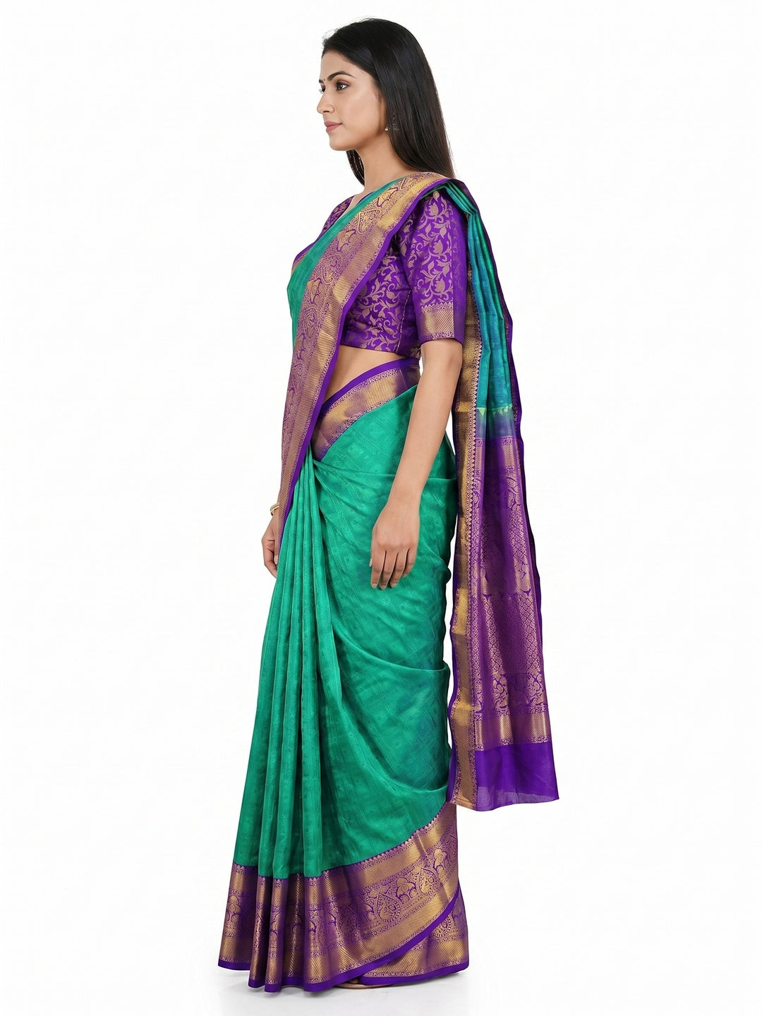 Sea Green Woven Cotton Silk Saree With Tassels - Image 2