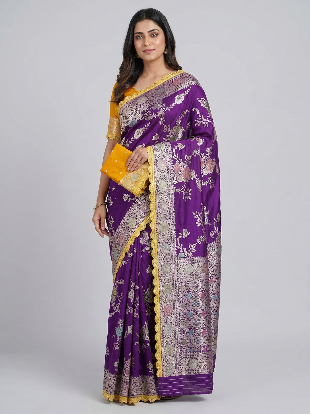 Purple Floral Woven Dola Silk Saree With Lace Border - Image 1